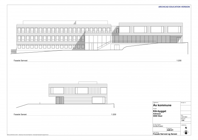 KA-bygget - plan, snitt og fasade