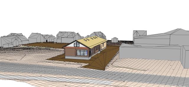 Eksisterende bygning er importert fra Archicad til Gemini Terreng for masseberegning og GPS koordinater til maskinstyring.